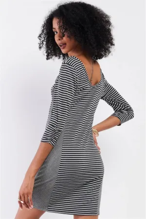 Heather Grey Multi-Striped Boat Neck 3/4 Sleeve Fitted Mini Dress /2-2-2