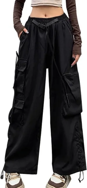 Hewlshawn Women's Cargo Pants Gothic Baggy Wide Leg Trousers Harajuku Y2k High Waisted Pants Streetwear