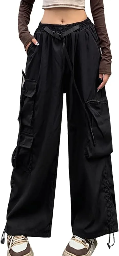 Hewlshawn Women's Cargo Pants Gothic Baggy Wide Leg Trousers Harajuku Y2k High Waisted Pants Streetwear