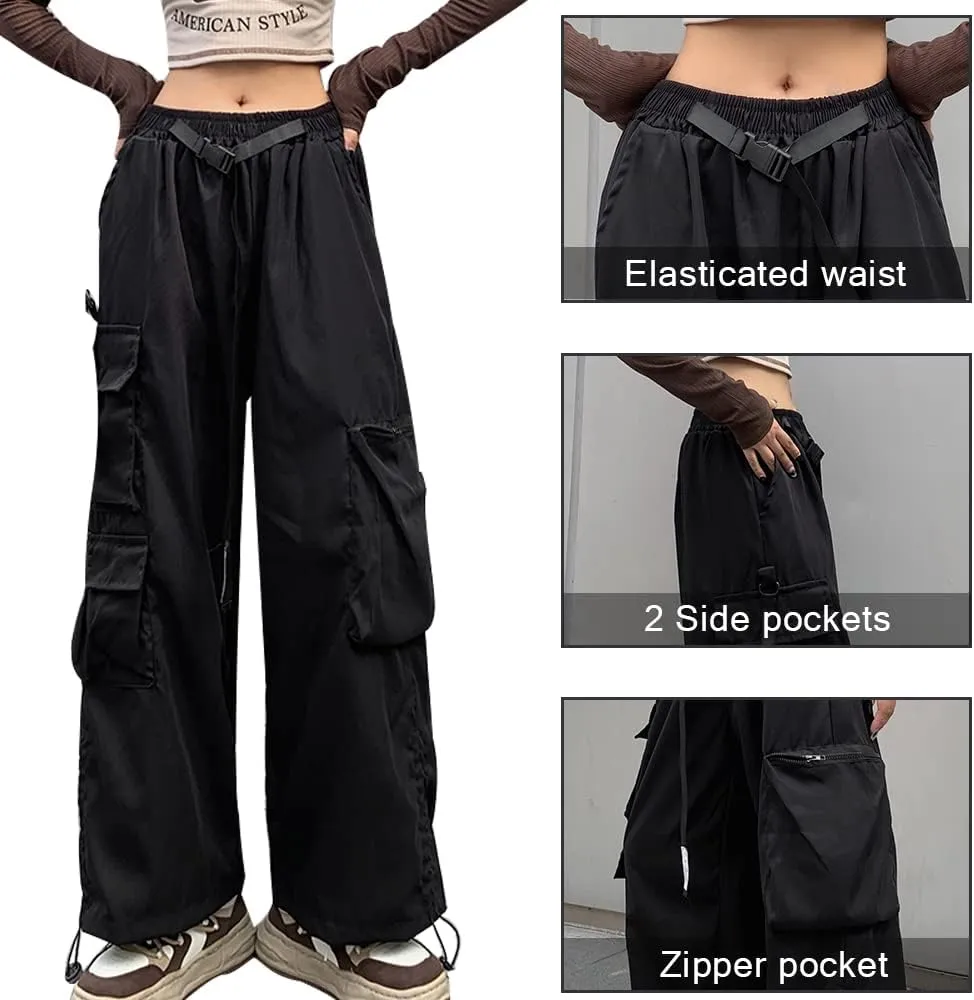 Hewlshawn Women's Cargo Pants Gothic Baggy Wide Leg Trousers Harajuku Y2k High Waisted Pants Streetwear