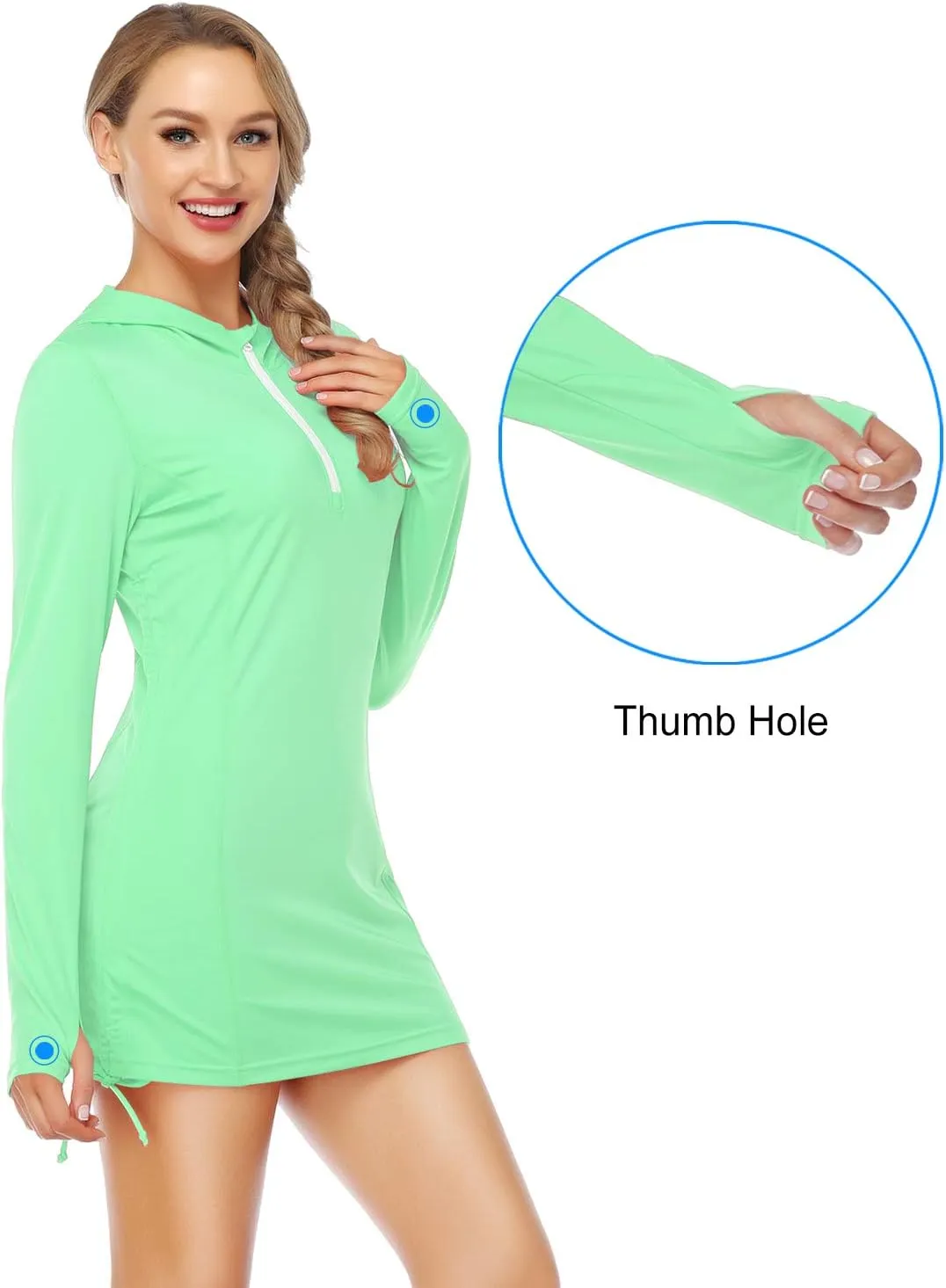 HISKYWIN Womens Hoodie Thumb Hole UV Sun Protection Rash Guard Side Adjustable Wetsuit Swimsuit Top