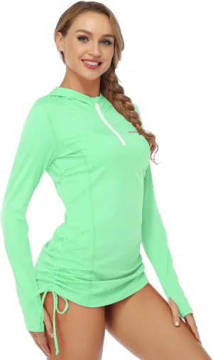 HISKYWIN Womens Hoodie Thumb Hole UV Sun Protection Rash Guard Side Adjustable Wetsuit Swimsuit Top