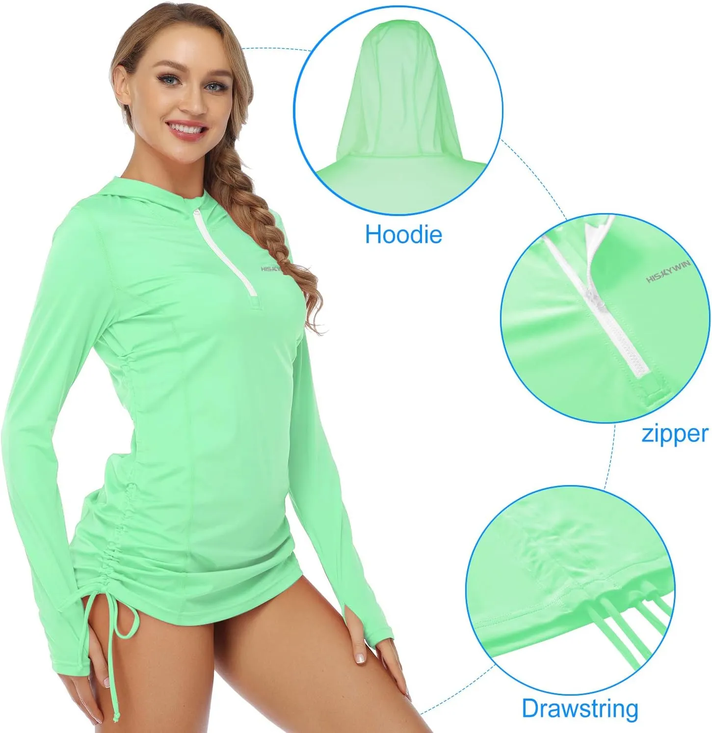 HISKYWIN Womens Hoodie Thumb Hole UV Sun Protection Rash Guard Side Adjustable Wetsuit Swimsuit Top