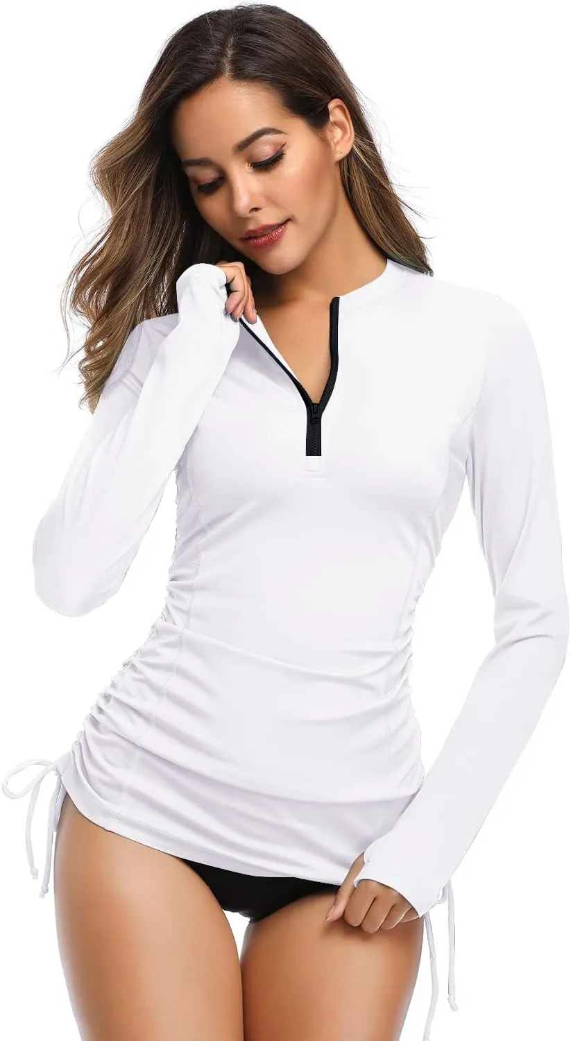 HISKYWIN Women's Long Sleeve UV Sun Protection Rash Guard Side Adjustable Wetsuit Swimsuit Top