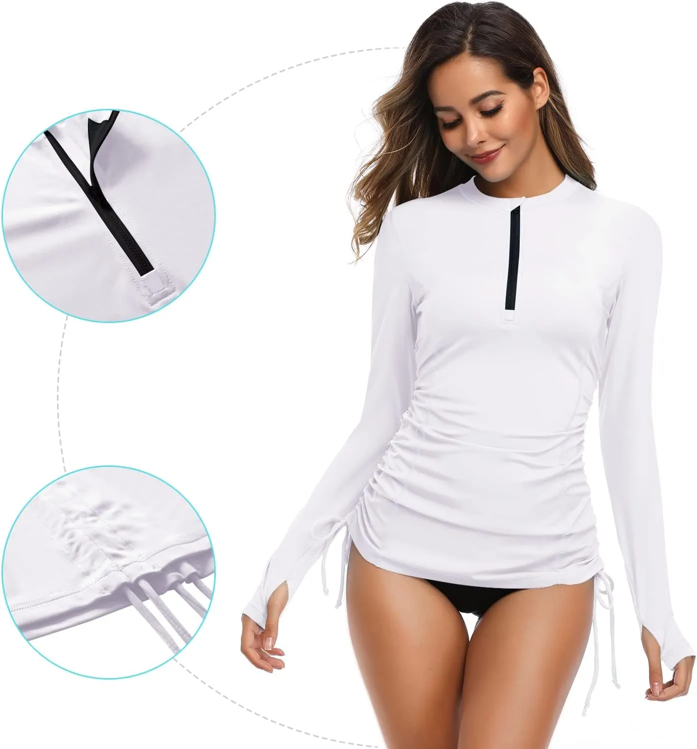 HISKYWIN Women's Long Sleeve UV Sun Protection Rash Guard Side Adjustable Wetsuit Swimsuit Top