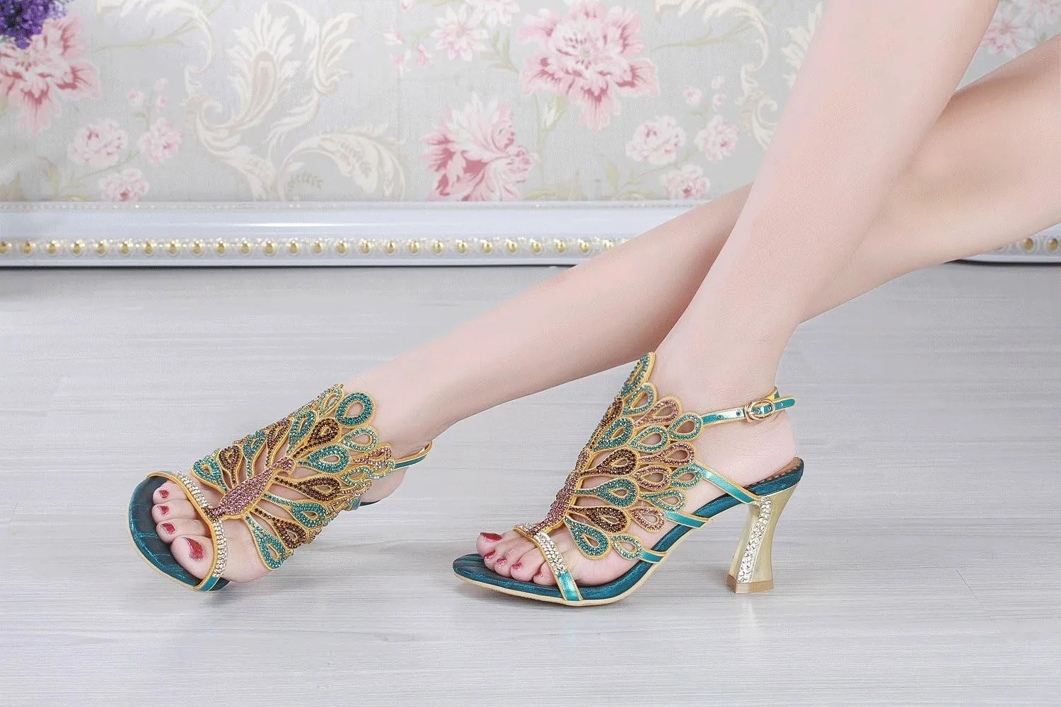 Honeystore Women's Rhinestone Peacock Patterned Handmade Sandals with Chunky Heel
