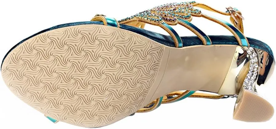 Honeystore Women's Rhinestone Peacock Patterned Handmade Sandals with Chunky Heel