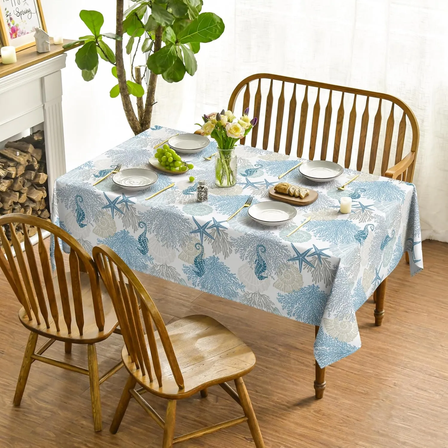 Horaldaily Summer Tablecloth 60×84 Inch Rectangular, Sealife Blue Beach Washable Table Cover for Party Picnic Dinner Decor