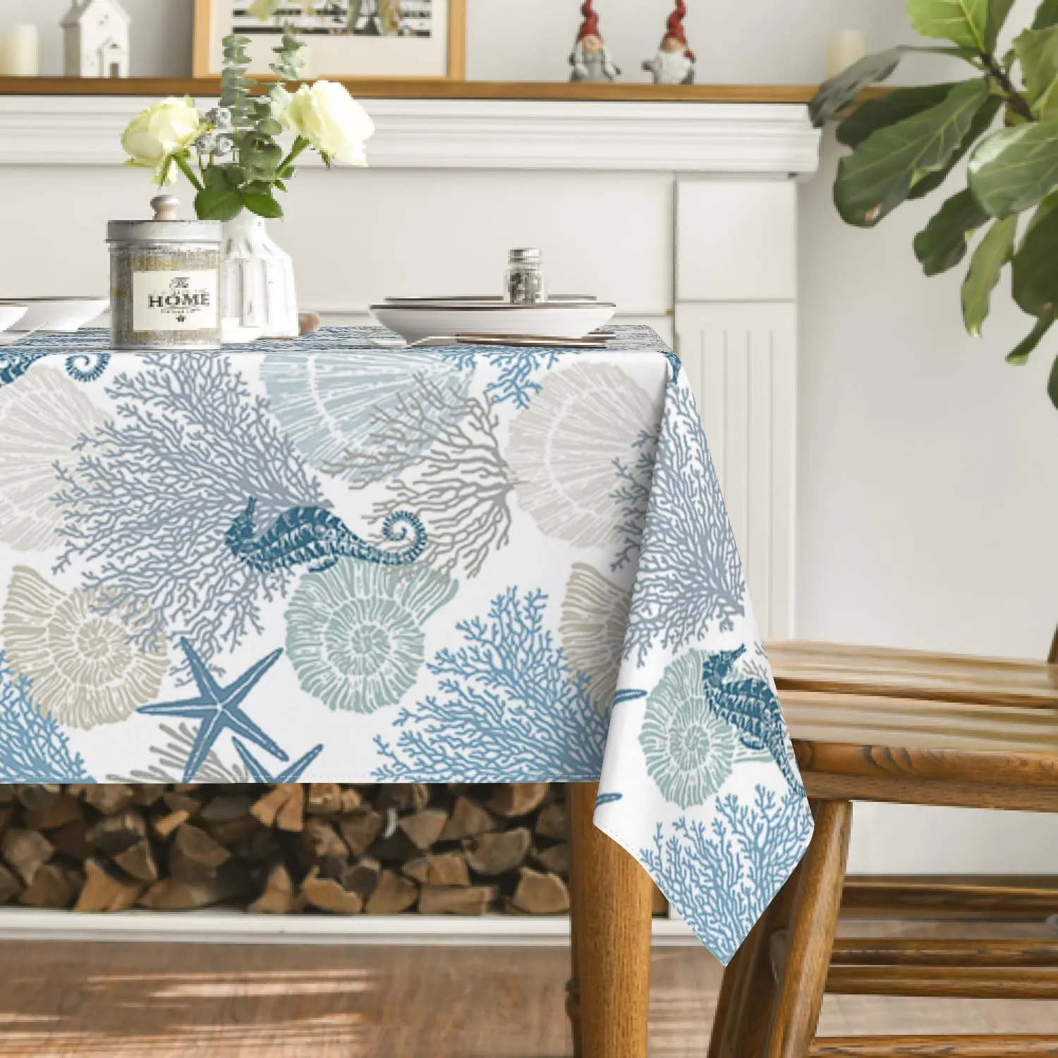 Horaldaily Summer Tablecloth 60×84 Inch Rectangular, Sealife Blue Beach Washable Table Cover for Party Picnic Dinner Decor