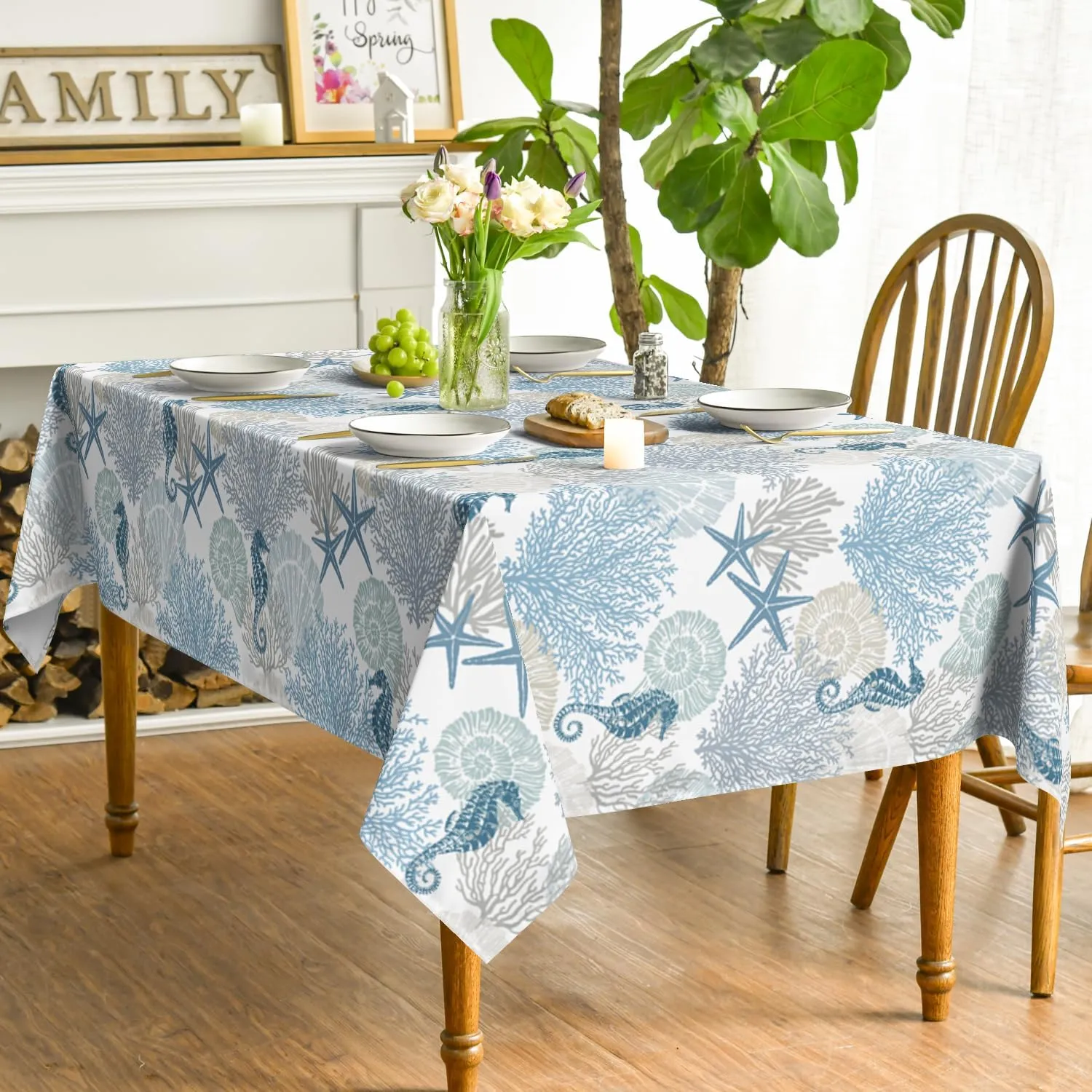 Horaldaily Summer Tablecloth 60×84 Inch Rectangular, Sealife Blue Beach Washable Table Cover for Party Picnic Dinner Decor