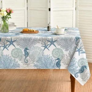 Horaldaily Summer Tablecloth 60×84 Inch Rectangular, Sealife Blue Beach Washable Table Cover for Party Picnic Dinner Decor