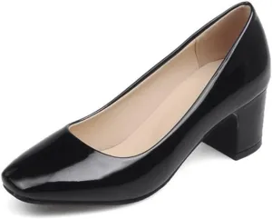 HuangTaiJi Qing Women's Classic Square Toe Mid Heel Pumps for Office, Simple Patent Leather Block Chunky Heels Work Shoes Black US 5.5