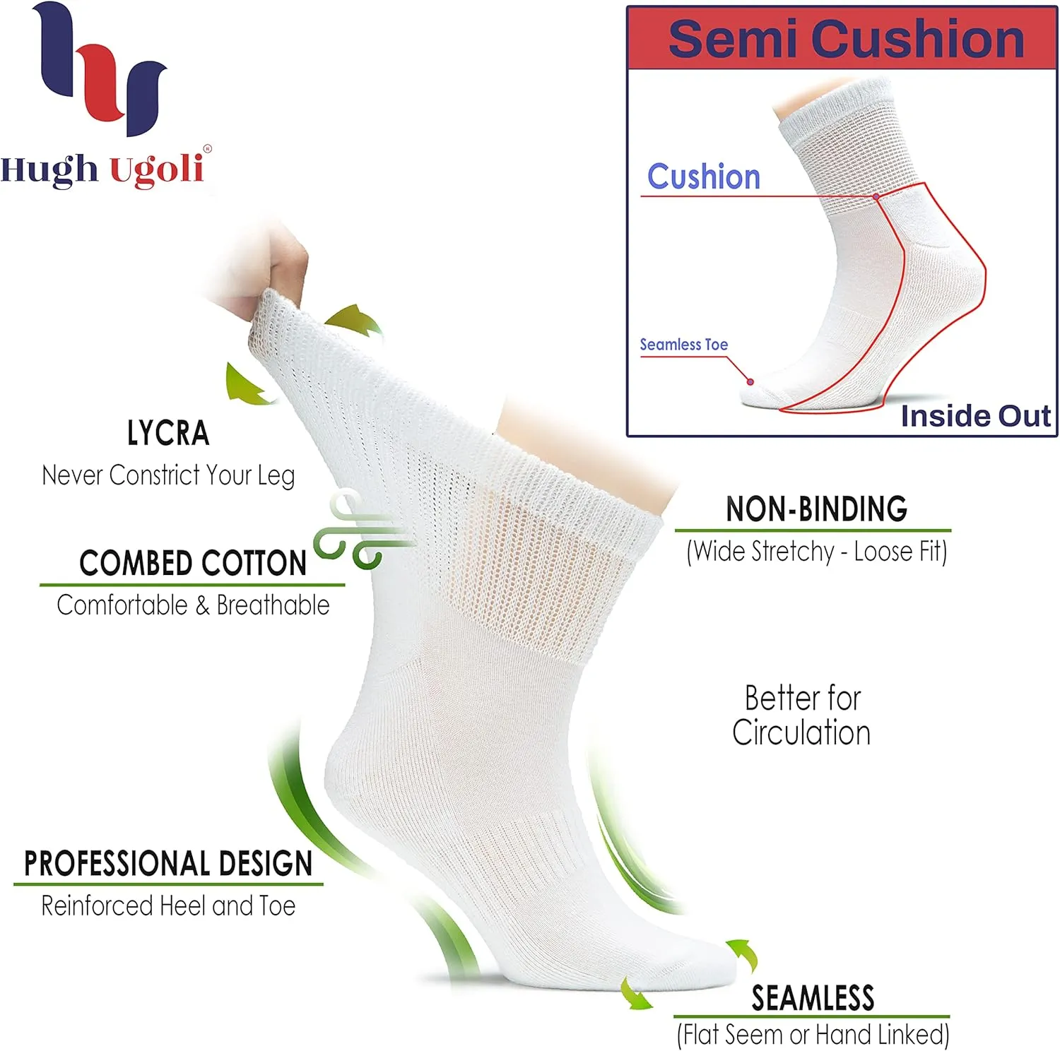 Hugh Ugoli 3 Pairs, Men's Cotton Diabetic Ankle Socks, Wide, Loose, Stretchy, Seamless Toe, Non Binding Top, Semi Cushion