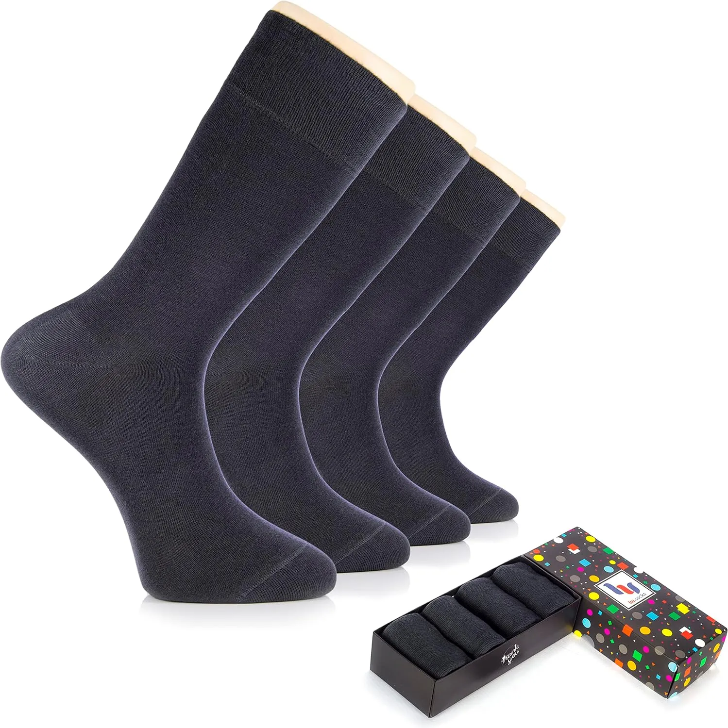 Hugh Ugoli Men's Cotton Dress Socks for Business & Trouser, Thin & Seamless Crew Socks, 4 Pairs with Gift Box, Shoe Size 8-12