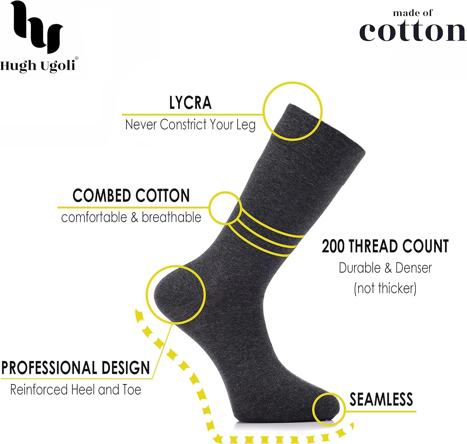 Hugh Ugoli Men's Cotton Dress Socks for Business & Trouser, Thin & Seamless Crew Socks, 4 Pairs with Gift Box, Shoe Size 8-12