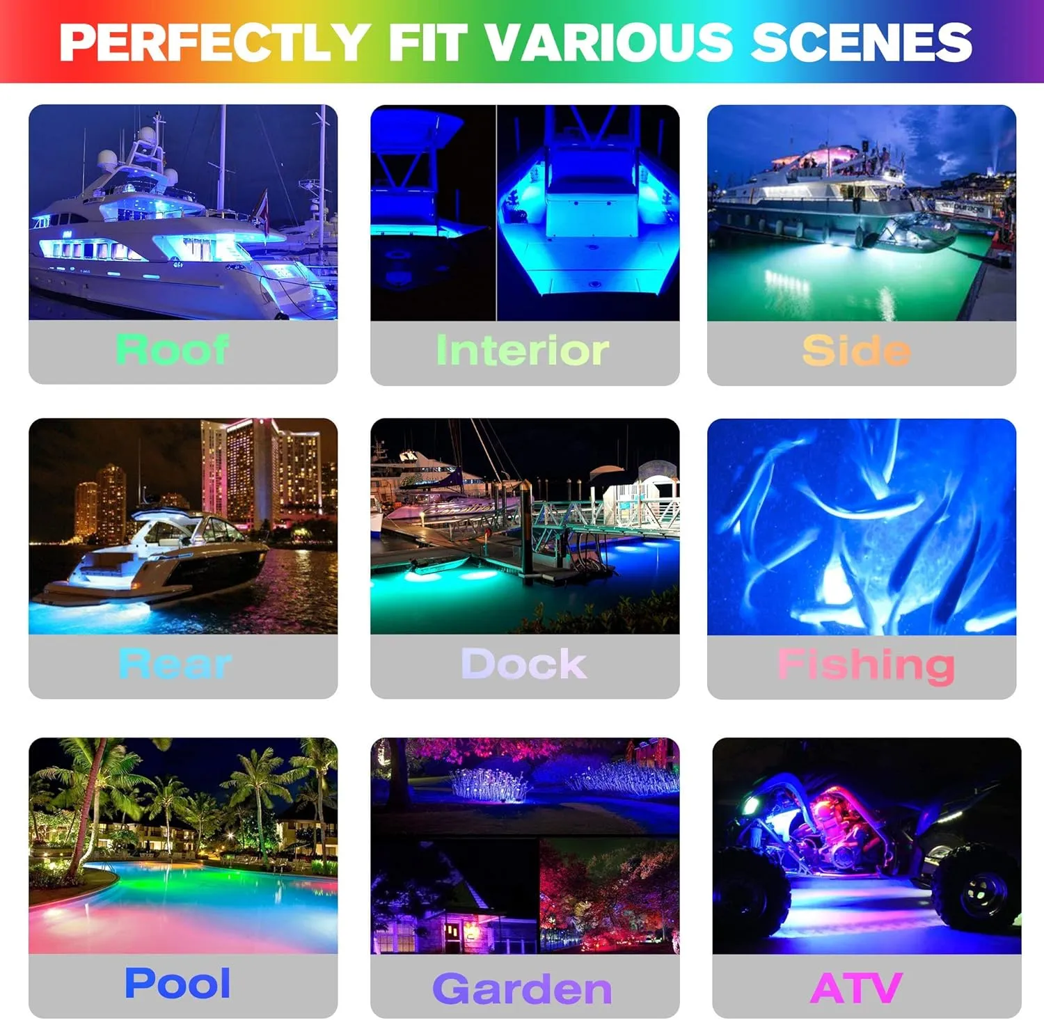 HUSUKU GT1 Underwater Boat LED Lights Marine Color Light Kit, 2000LM RGB IP68 36LED 12V~24V, 316 316 Stainless, Wireless Grouping and Control Auto Sync, Multi Color Lights for Yacht Boat Deck Pontoon