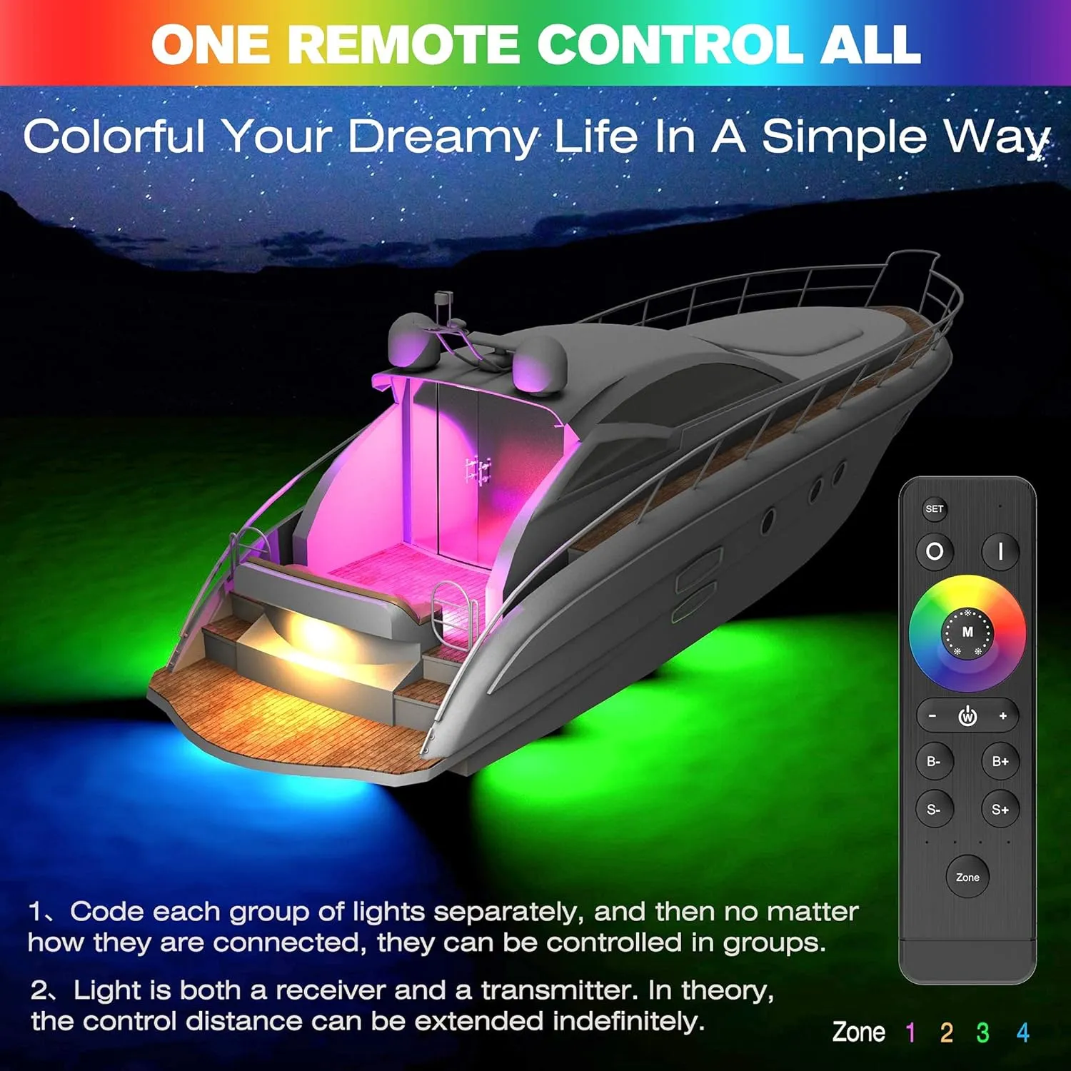 HUSUKU GT1 Underwater Boat LED Lights Marine Color Light Kit, 2000LM RGB IP68 36LED 12V~24V, 316 316 Stainless, Wireless Grouping and Control Auto Sync, Multi Color Lights for Yacht Boat Deck Pontoon