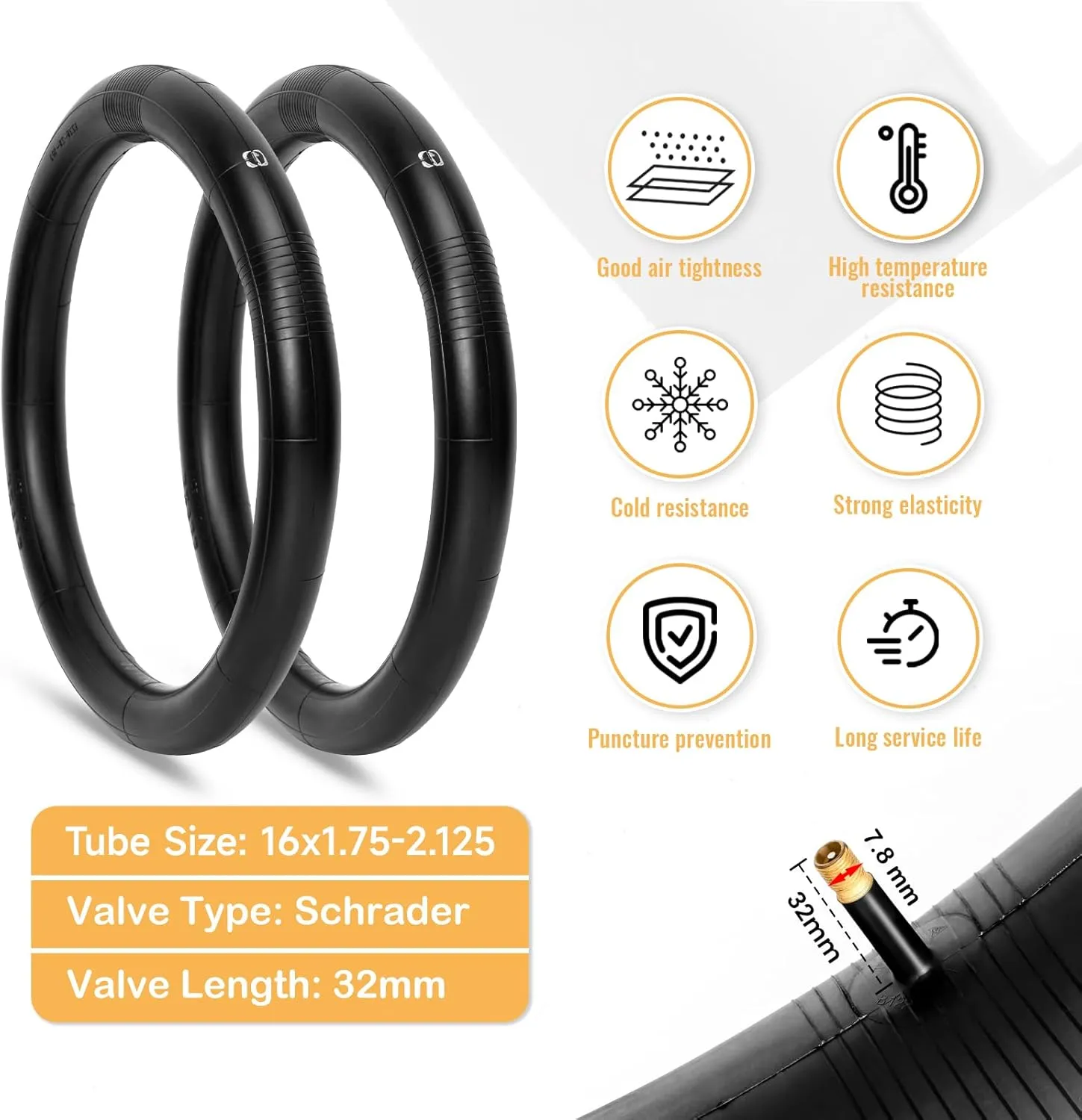 Hycline Kids Bike Replacement Tires Set：2-Pack 16/20x2.125 Inch Premium Butyl Rubber Puncture-Resistant Folding Bicycle Tires and 2 Pcs Bike Tubes Schrader Valve with Tire Levers for BMX Urban