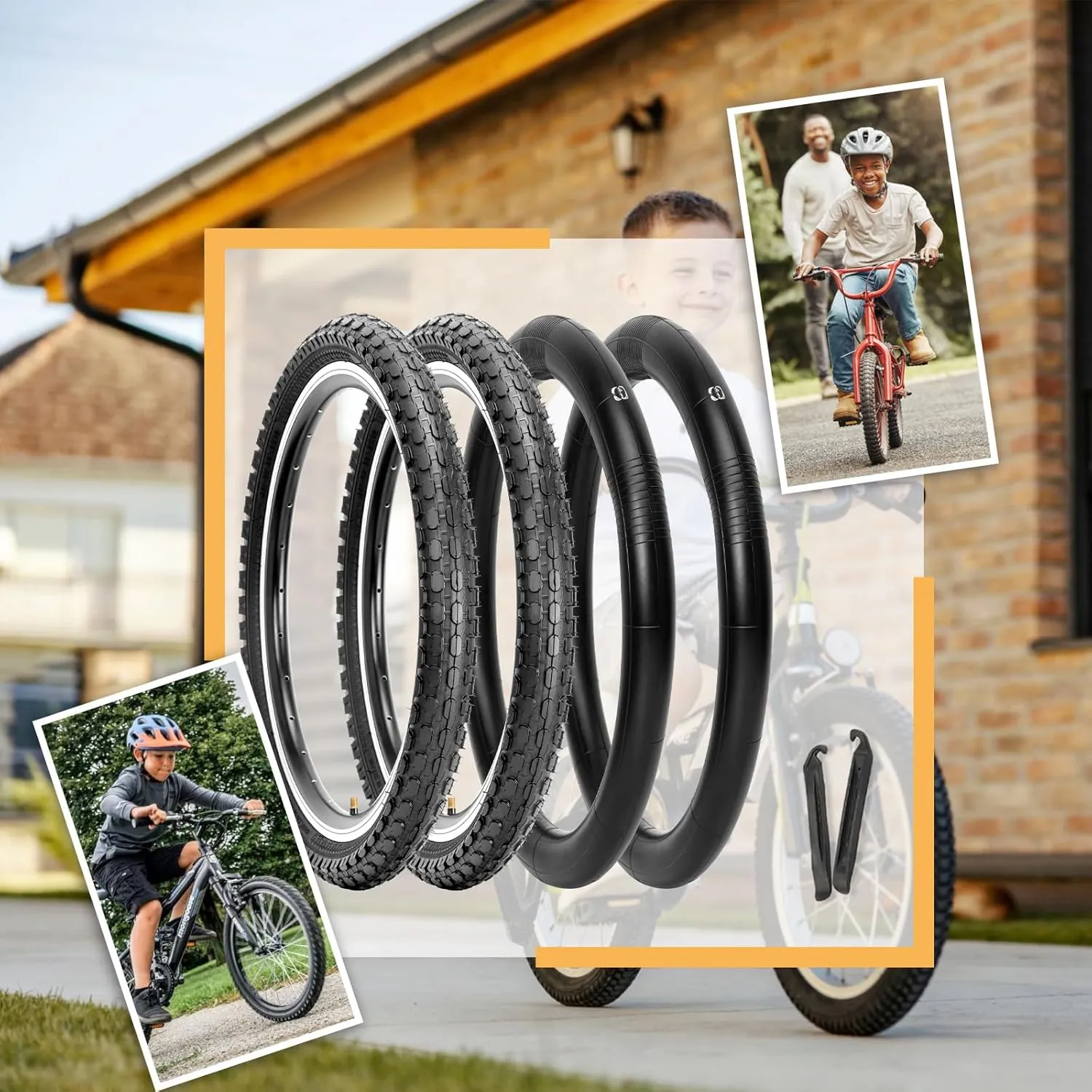 Hycline Kids Bike Replacement Tires Set：2-Pack 16/20x2.125 Inch Premium Butyl Rubber Puncture-Resistant Folding Bicycle Tires and 2 Pcs Bike Tubes Schrader Valve with Tire Levers for BMX Urban