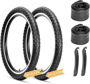 Hycline Kids Bike Replacement Tires Set：2-Pack 16/20x2.125 Inch Premium Butyl Rubber Puncture-Resistant Folding Bicycle Tires and 2 Pcs Bike Tubes Schrader Valve with Tire Levers for BMX Urban