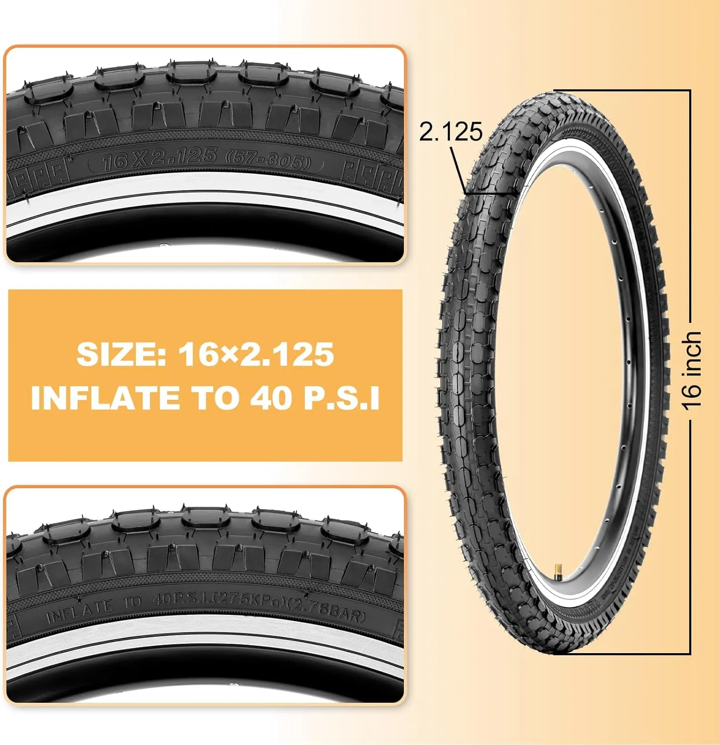 Hycline Kids Bike Replacement Tires Set：2-Pack 16/20x2.125 Inch Premium Butyl Rubber Puncture-Resistant Folding Bicycle Tires and 2 Pcs Bike Tubes Schrader Valve with Tire Levers for BMX Urban