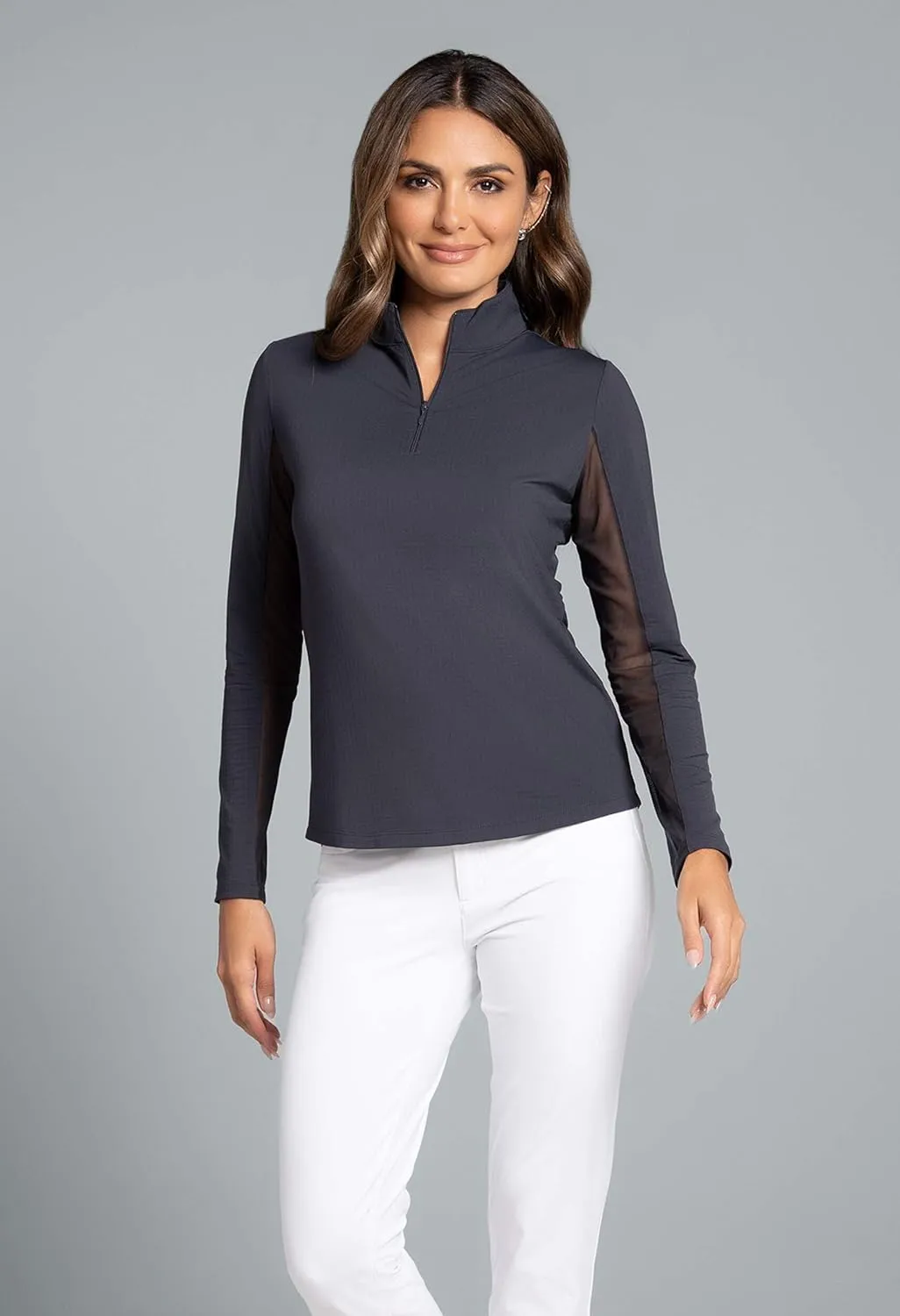 IBKUL Women's Solid Long Sleeve 1/4-zip Mock Neck Shirt