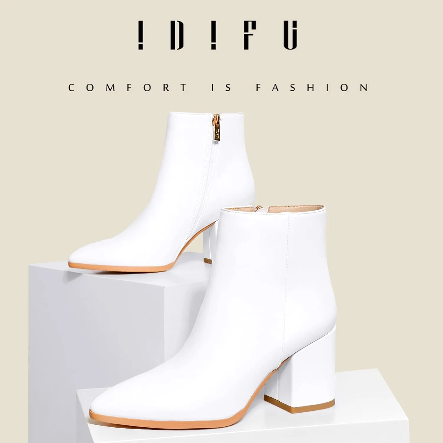 IDIFU Women Dress Ankle Boot with Low Chunky Heel Pointed Toe Side Zipper Bootie Shoe for Women Office Business Date Wedding