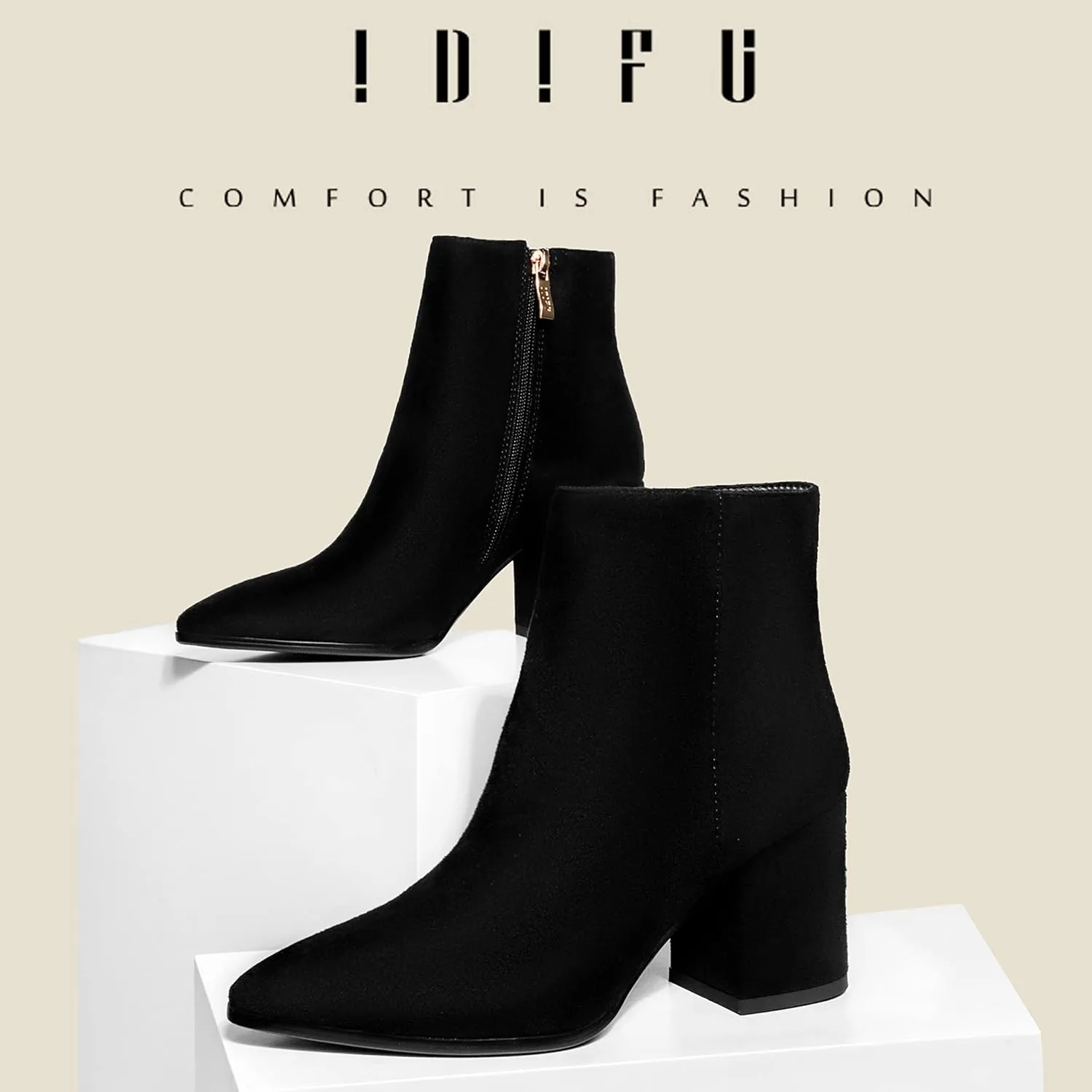 IDIFU Women Dress Ankle Boot with Low Chunky Heel Pointed Toe Side Zipper Bootie Shoe for Women Office Business Date Wedding