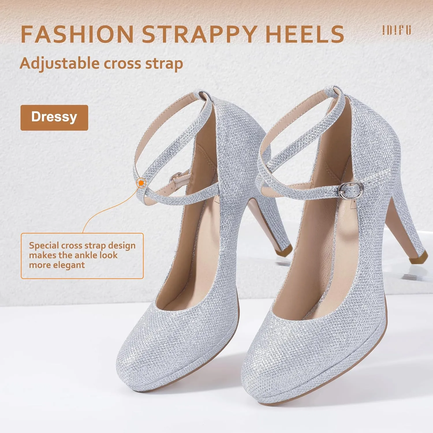 IDIFU Women's Tracy Platform High Heels Closed Toe Pumps Strappy Cross Ankle Strap Shoes for Casual Work Wedding