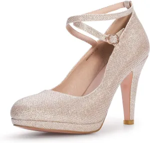 IDIFU Women's Tracy Platform High Heels Closed Toe Pumps Strappy Cross Ankle Strap Shoes for Casual Work Wedding