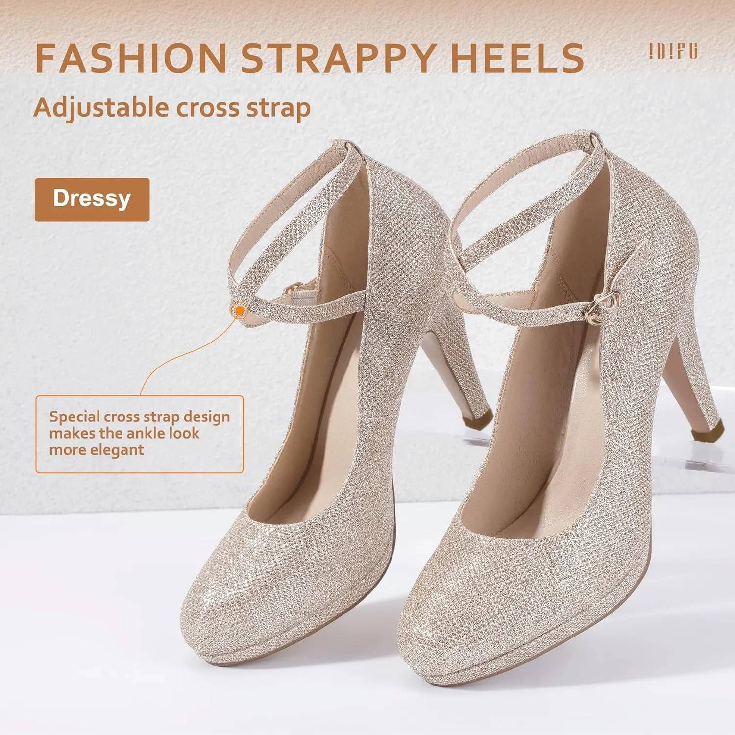 IDIFU Women's Tracy Platform High Heels Closed Toe Pumps Strappy Cross Ankle Strap Shoes for Casual Work Wedding