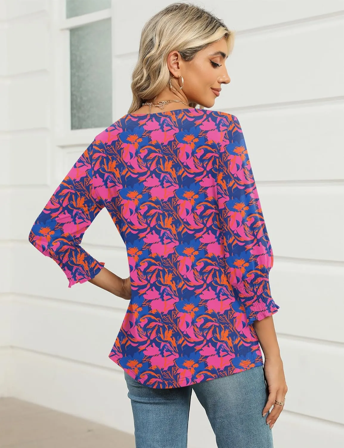 IECCP 3/4 Length Sleeve Womens Tops Summer 2025 Fashion Trendy Boat Crew Neck Smocked Work Dressy Casual T Shirt Blouses