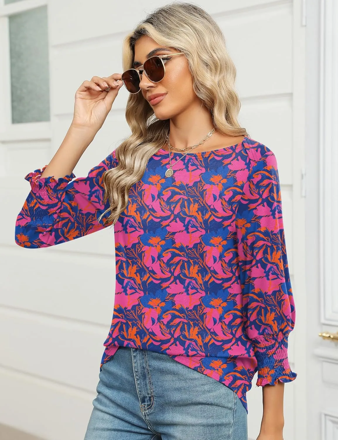 IECCP 3/4 Length Sleeve Womens Tops Summer 2025 Fashion Trendy Boat Crew Neck Smocked Work Dressy Casual T Shirt Blouses