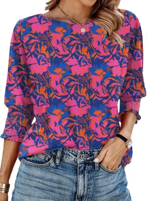 IECCP 3/4 Length Sleeve Womens Tops Summer 2025 Fashion Trendy Boat Crew Neck Smocked Work Dressy Casual T Shirt Blouses
