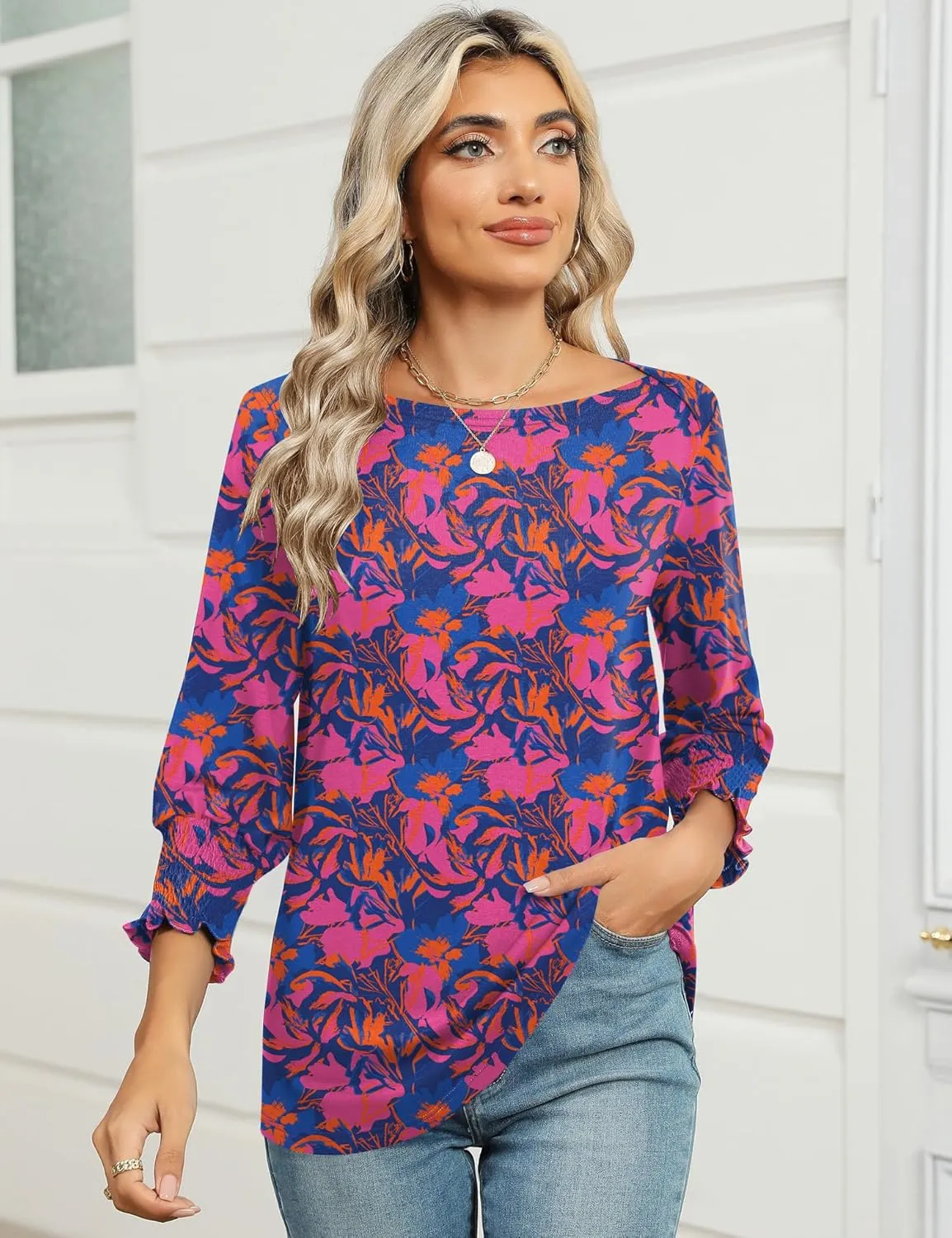 IECCP 3/4 Length Sleeve Womens Tops Summer 2025 Fashion Trendy Boat Crew Neck Smocked Work Dressy Casual T Shirt Blouses