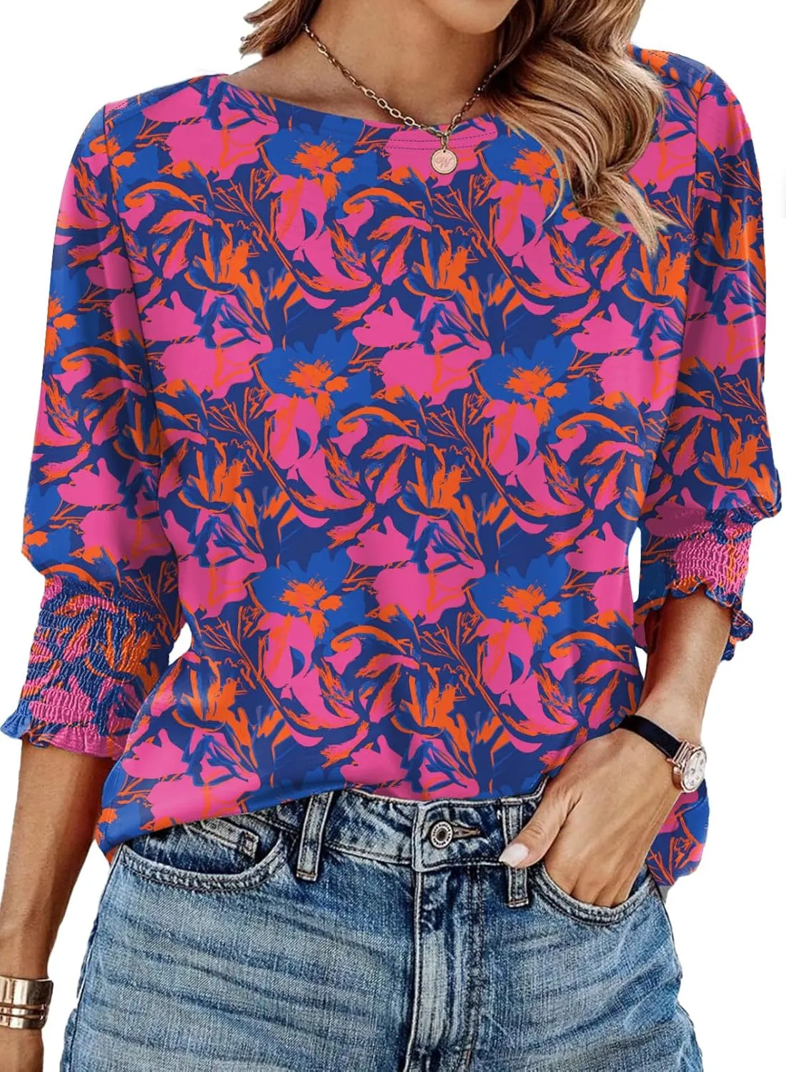 IECCP 3/4 Length Sleeve Womens Tops Summer 2025 Fashion Trendy Boat Crew Neck Smocked Work Dressy Casual T Shirt Blouses