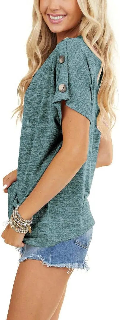 INFITTY Womens Off Shoulder Tops Casual Summer Loose Button Down Short Sleeve Shirt Tunic Blouse