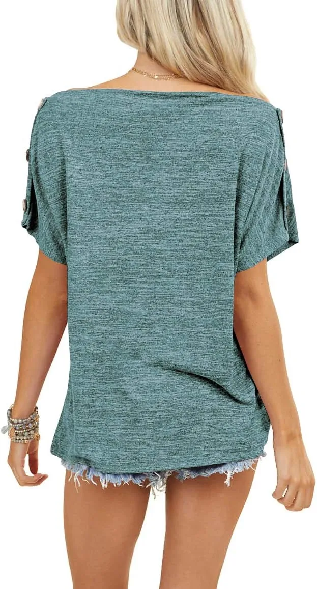 INFITTY Womens Off Shoulder Tops Casual Summer Loose Button Down Short Sleeve Shirt Tunic Blouse