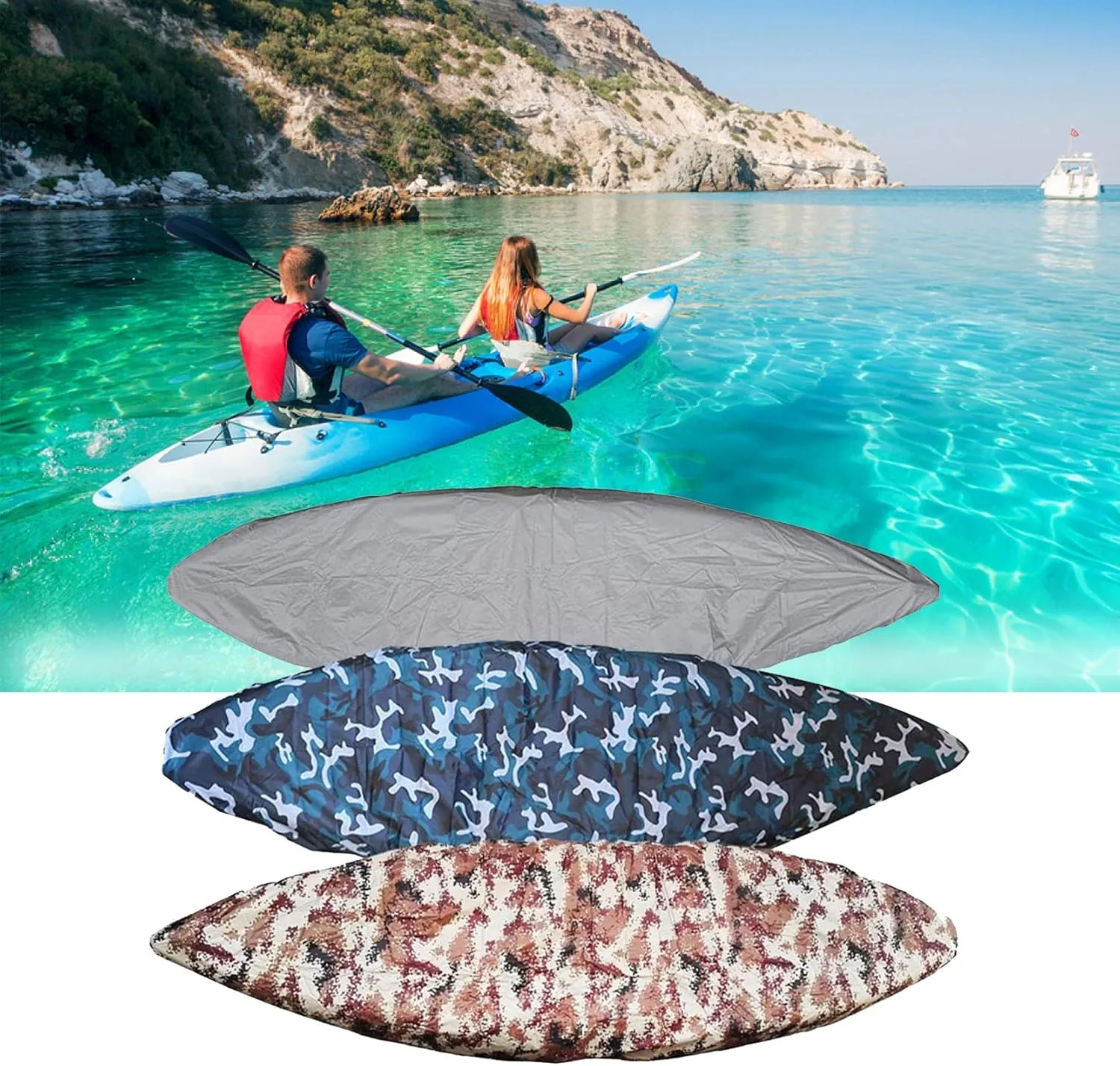 J&C Kayak Covers for Outdoor Storage Waterproof Canoe Cover Dust Proof Fits 8ft 10ft 12ft 13ft 14ft 15 16 17 18ft 19 ft 210D Polyester Anti Sunlight Fishing Boat Protector
