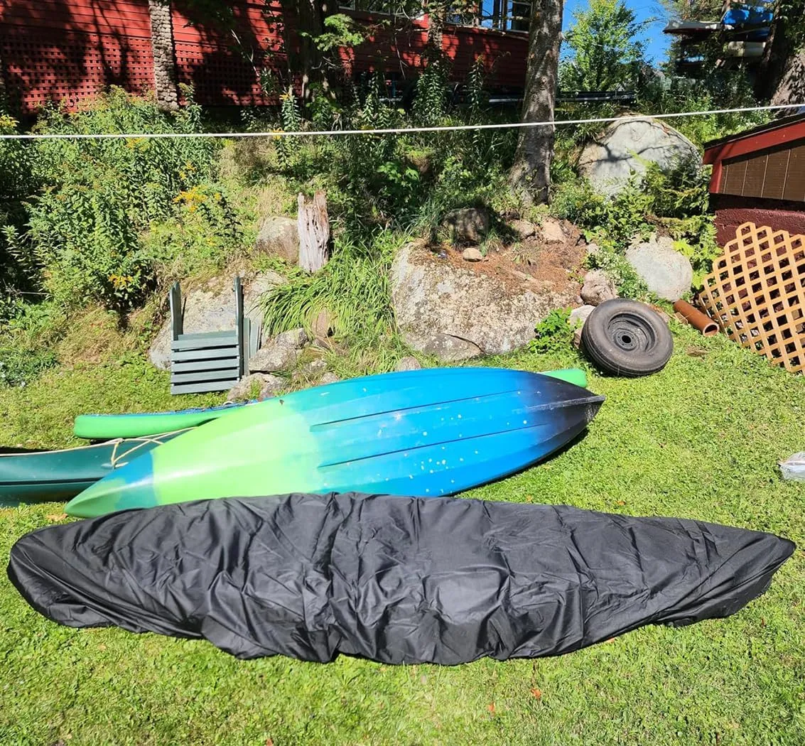 J&C Kayak Covers for Outdoor Storage Waterproof Canoe Cover Dust Proof Fits 8ft 10ft 12ft 13ft 14ft 15 16 17 18ft 19 ft 210D Polyester Anti Sunlight Fishing Boat Protector