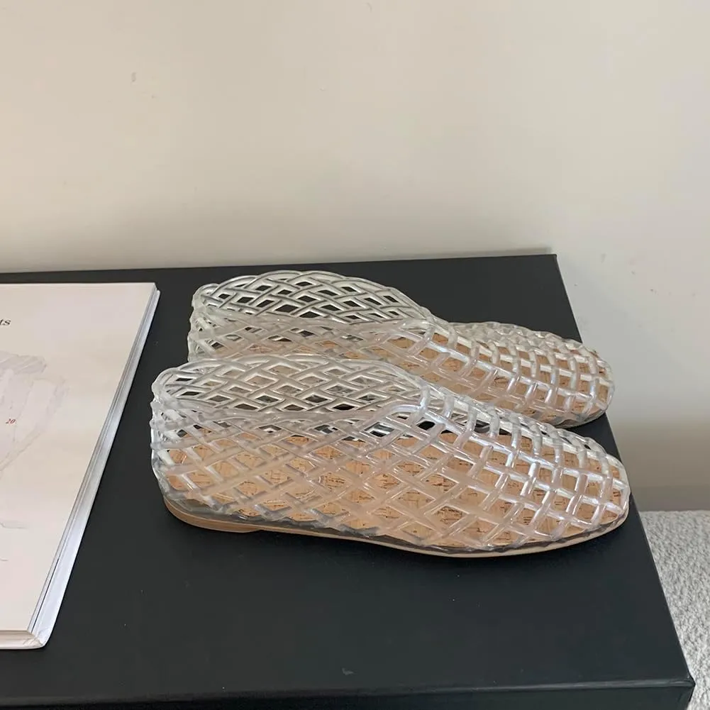 Jelly Mesh Ballet Flats for Women Jelly Shoes Women 2025 Newly Adult Clear Hollow Jelly Flat Sandals Lightweight Breathable Summer Beach Ballerina