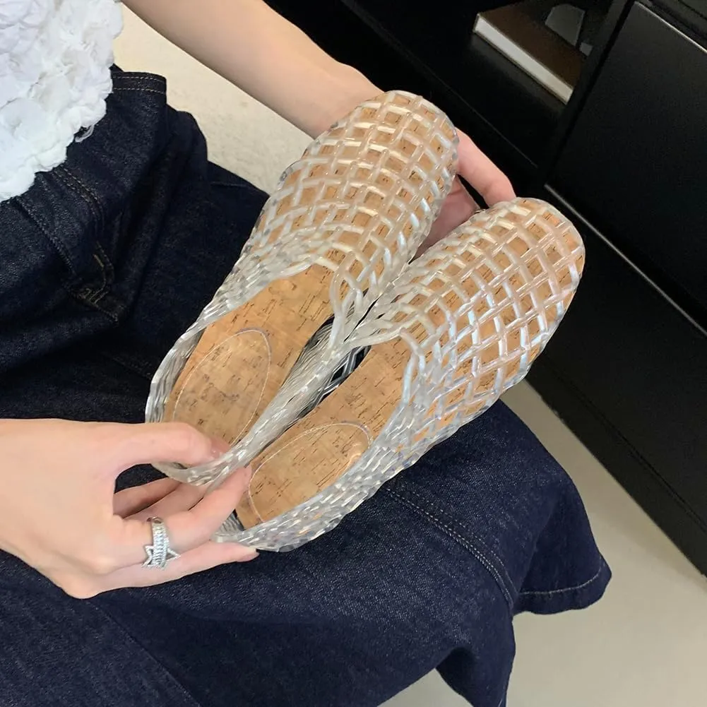 Jelly Mesh Ballet Flats for Women Jelly Shoes Women 2025 Newly Adult Clear Hollow Jelly Flat Sandals Lightweight Breathable Summer Beach Ballerina