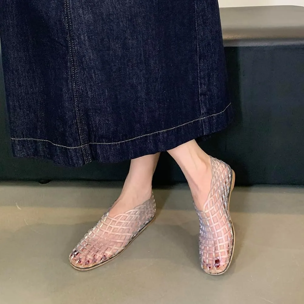 Jelly Mesh Ballet Flats for Women Jelly Shoes Women 2025 Newly Adult Clear Hollow Jelly Flat Sandals Lightweight Breathable Summer Beach Ballerina