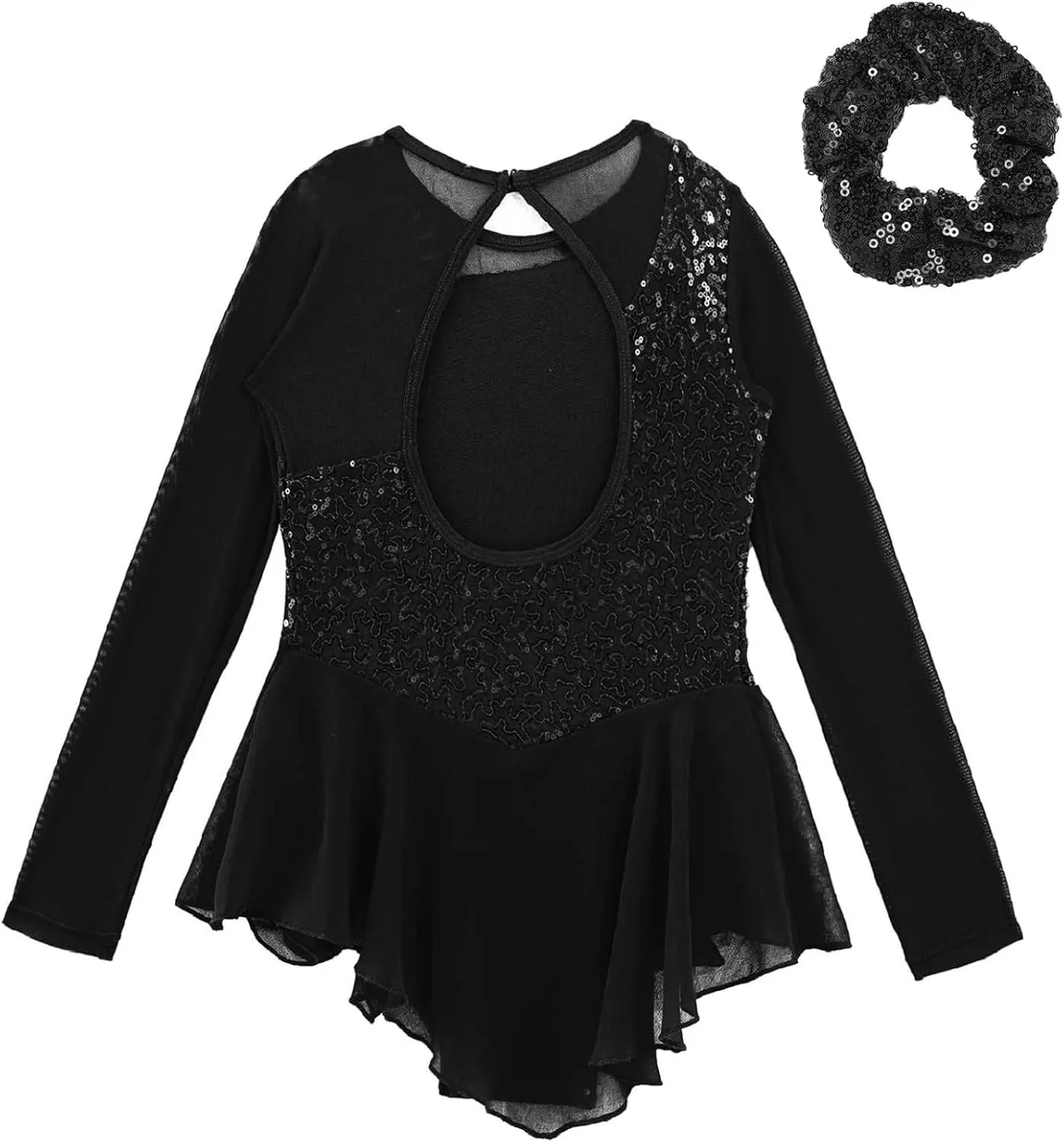 JEYPINMI Girls Sequins Figure Ice Skating Dress Mesh Splice Ballet Lyrical Dance Dress Gym Skirted Leotard
