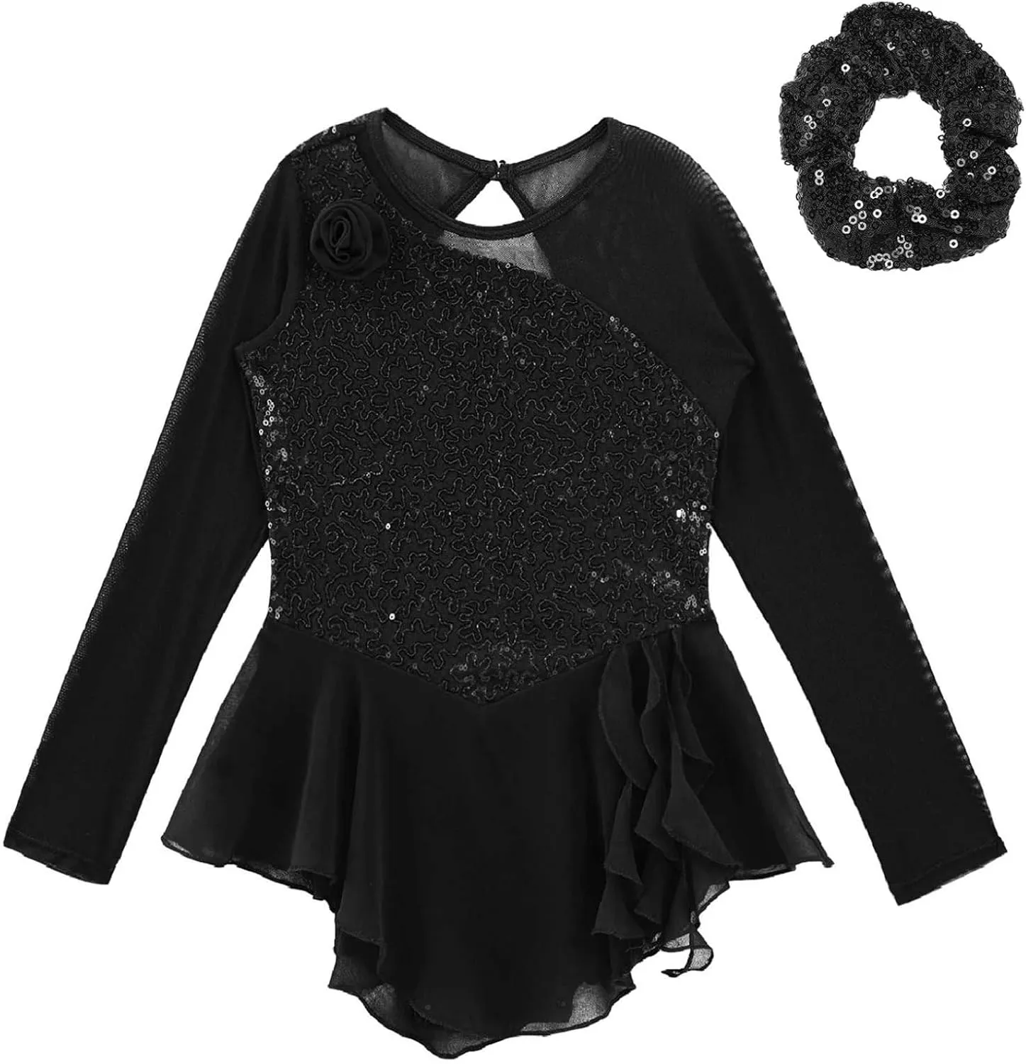 JEYPINMI Girls Sequins Figure Ice Skating Dress Mesh Splice Ballet Lyrical Dance Dress Gym Skirted Leotard