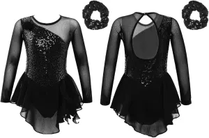 JEYPINMI Girls Sequins Figure Ice Skating Dress Mesh Splice Ballet Lyrical Dance Dress Gym Skirted Leotard