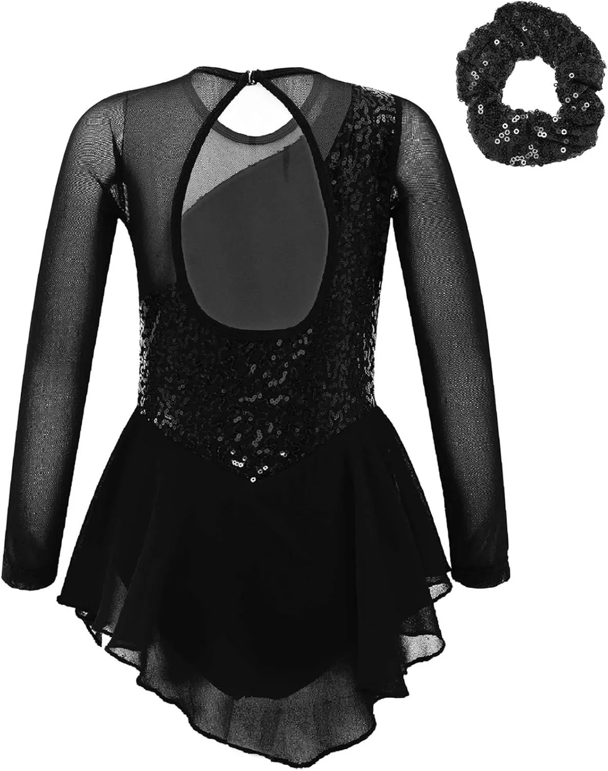 JEYPINMI Girls Sequins Figure Ice Skating Dress Mesh Splice Ballet Lyrical Dance Dress Gym Skirted Leotard