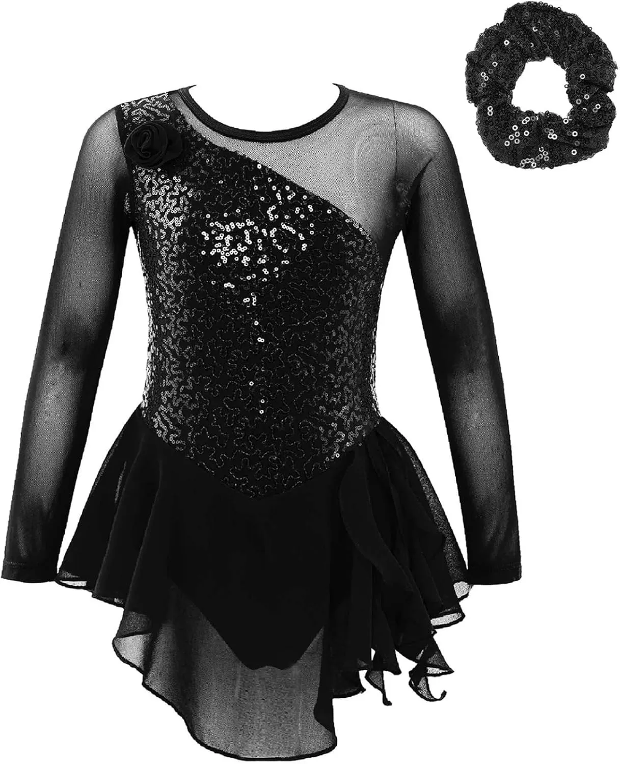 JEYPINMI Girls Sequins Figure Ice Skating Dress Mesh Splice Ballet Lyrical Dance Dress Gym Skirted Leotard