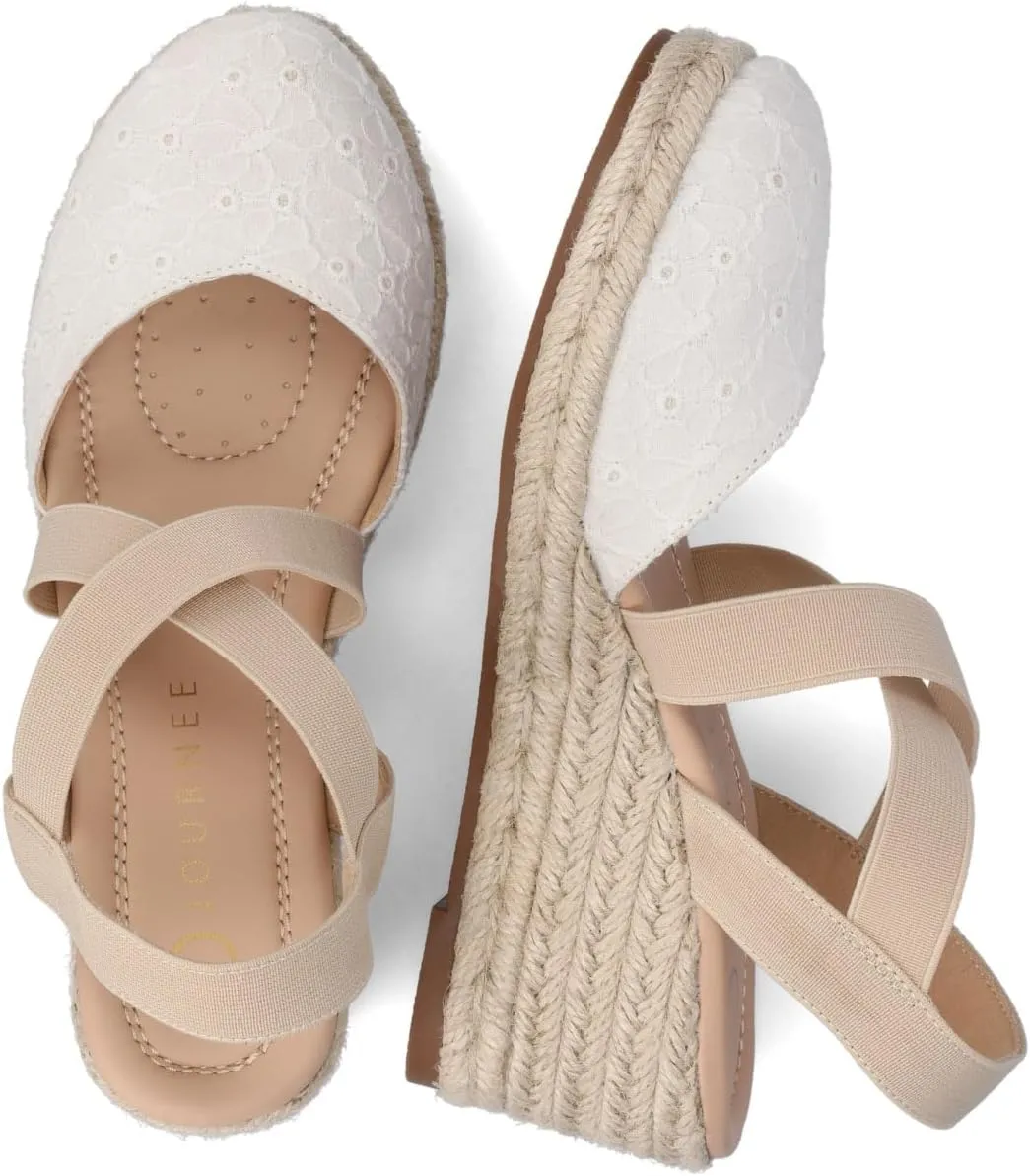 Journee Womens cushioned footbeds Ashlee wedge heel espadrille sandal soft fabric uppers ankle strap sandal round-toe