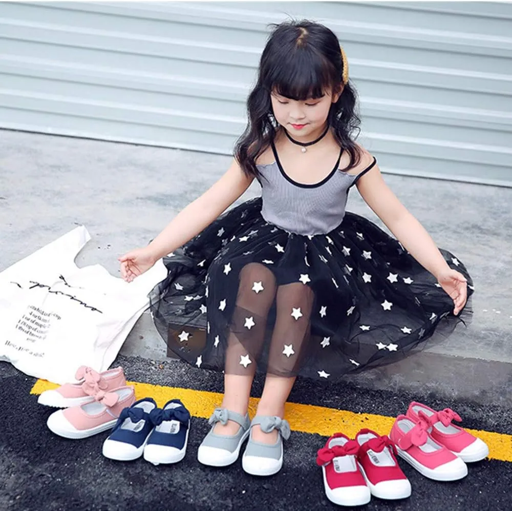 Kid Girls Bowknot Canvas Shoes Soft Sole Ballet Dancing Shoes Mary Jane Flat Sneakers for Toddler Sneakers School Uniform Dress Shoe